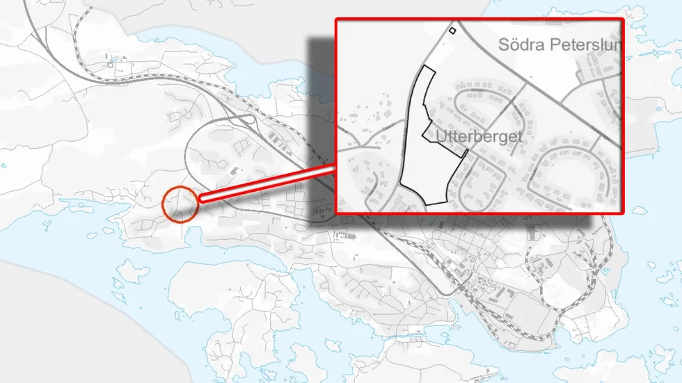 Karta över det område kommunfullmäktige i Oxelösund nu antagit en detaljplan för.