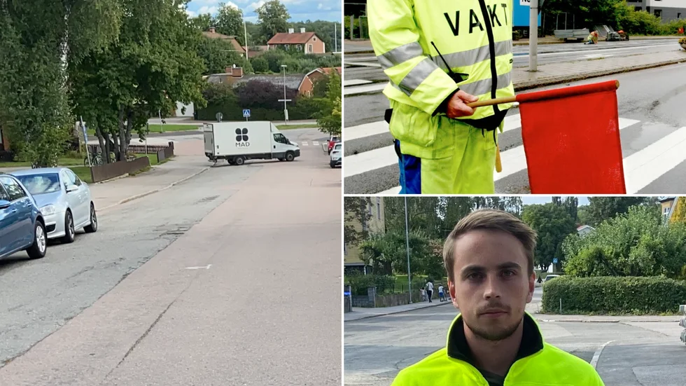 Ny beläggning kommer snart på plats på Höjdgatan, men här anses bara den vänstra sidan från kameran sett vara i behov av renovering. Flaggvakter finns på plats vid stundande arbeten, säger projekledaren Johannes Swensson.