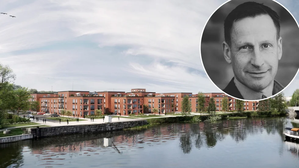 Skiss över den planerade bebyggelsen av 320 nya bostäder på Väster. Peabs regionchef Anders Björner på den infällda bilden.