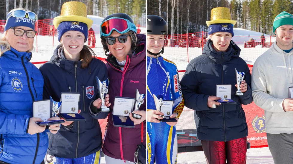 Damernas och herrarna prispall i helgens SM i rodel. Fem av sex medaljer till Skellefteå.