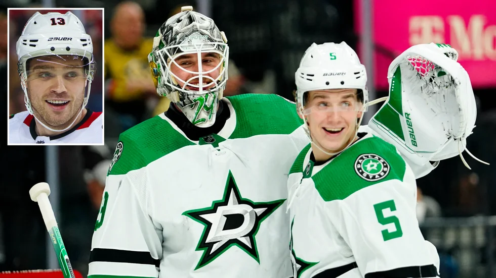 Dallas Stars, som toppar västra konferensen i NHL, rustar inför slutspurten av grundserien och slutspelet. Nils Lundkvist och målvakten Jake Oettinger kan hälsa Max Domi, från Chicago Blackhawks, välkommen. (Arkivbild)