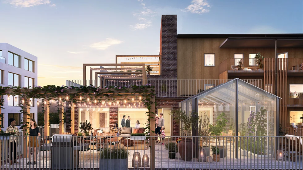 Så här ska Riksbyggens bostadsrättsförening Kronomagasinet i Inre hamnen i Norrköping se ut. Snart är det byggstart. Inflyttning är planerad till slutet av 2024.