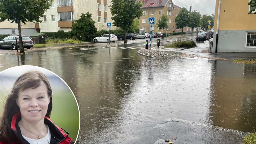 Betydligt värre än så här kan det bli vid ett hundraårsregn, särskilt vid Kullbergska sjukhuset. På bild syns även Linda Aldebert. 