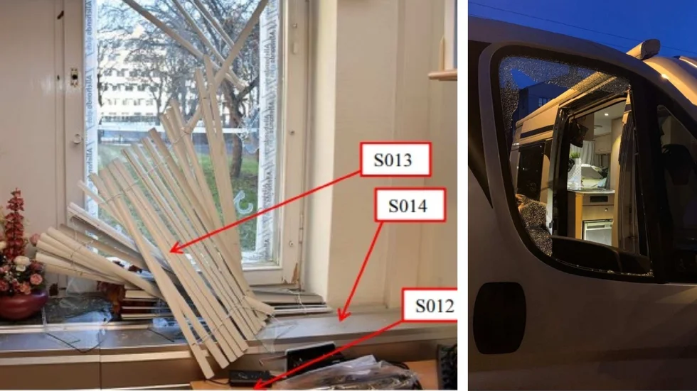 Bilder från förundersökningsprotokoll. Till vänster skadorna på fönster vid Akademiska sjukhuset med spår utmarkerade. Till höger skador på den husbil som gärningsmannen bröt sig in i.