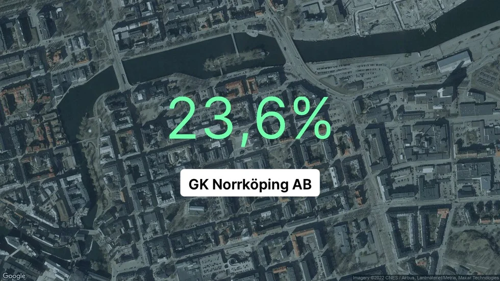 Illustrationen visar rörelsemarginalen för GK Norrköping för det senaste året. Bakgrunden är en satellitbild över företagets adress.