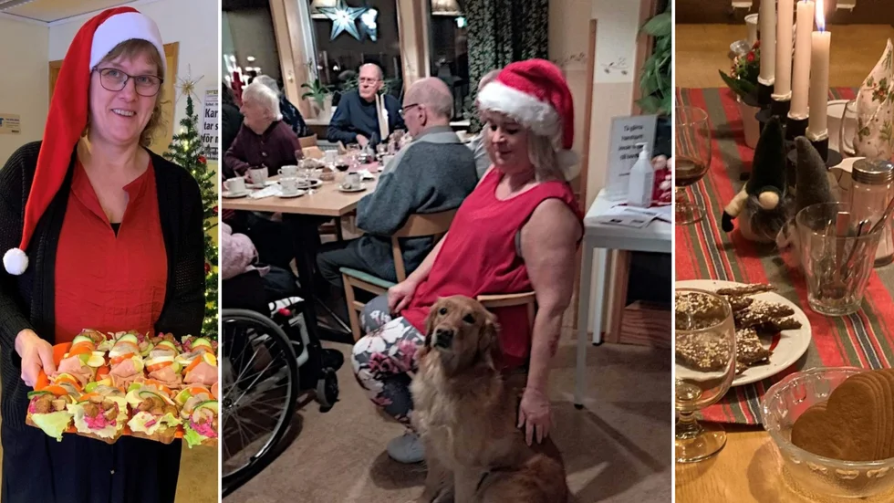 Karina Arvidsson, t v, är en av initiativtagarna till den adventsfika på Solgläntan i Tuna, som flera undersköterskor i hemstjänsten ordnar på fritiden för pensionärerna. I mitten syns Mia Karlsson tillsammans med sin hund Alliz, en populär gäst på sammankomsterna.