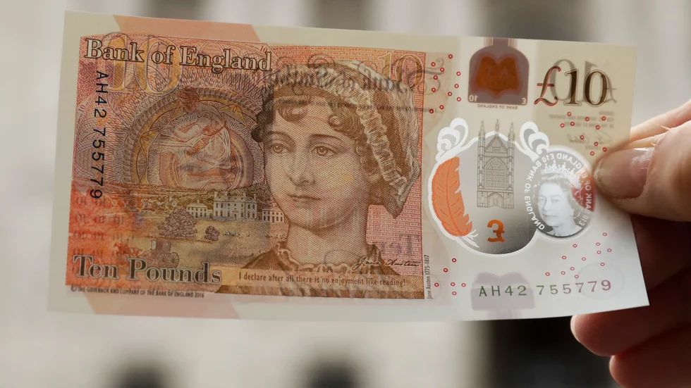 Jane Austen på en brittisk pundsedel. Arkivbild.