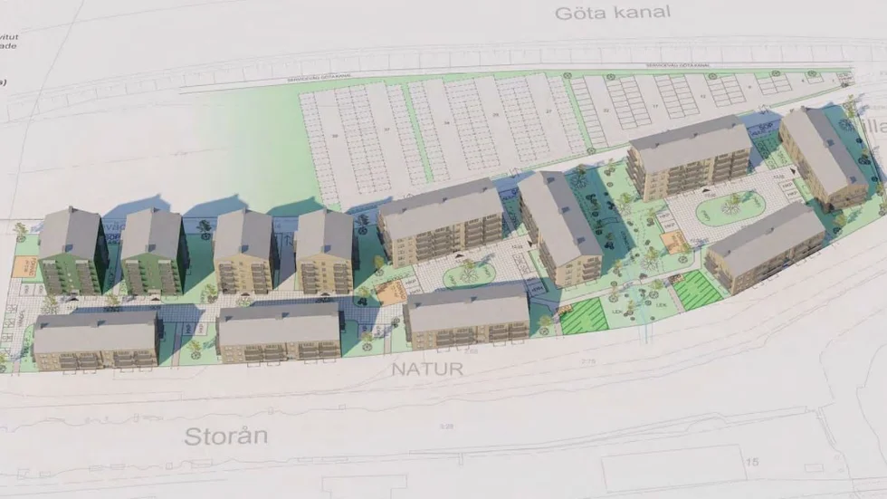Så här ser samrådsförslaget ut som gäller detaljplanen för Trädgårdsmästeriet i Söderköping. Tolv huskroppar på mellan tre och sex våningar planeras det för.