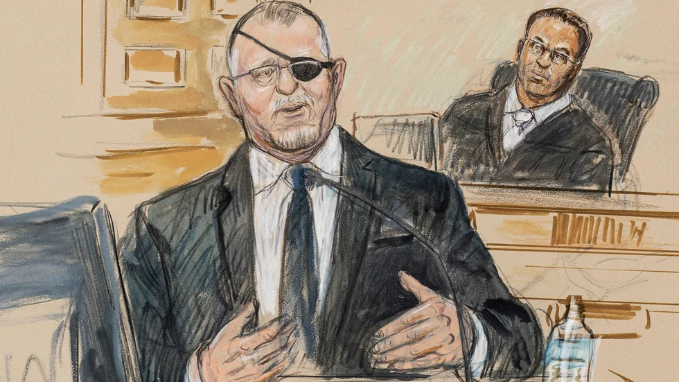 En teckning föreställande Stewart Rhodes i domstolssalen.