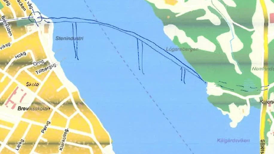 Bro över viken. Så här tänker sig förslagsställaren att man skulle kunna dra en bro över Gamlebyviken.