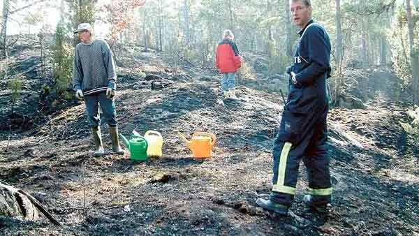 Det är måndagen efter branden vid Målen. Arne Alm, Helén Forss och räddningschef Thomas Blixt inspekterar den brända skogen och ser efter om det fortfarande pyr.