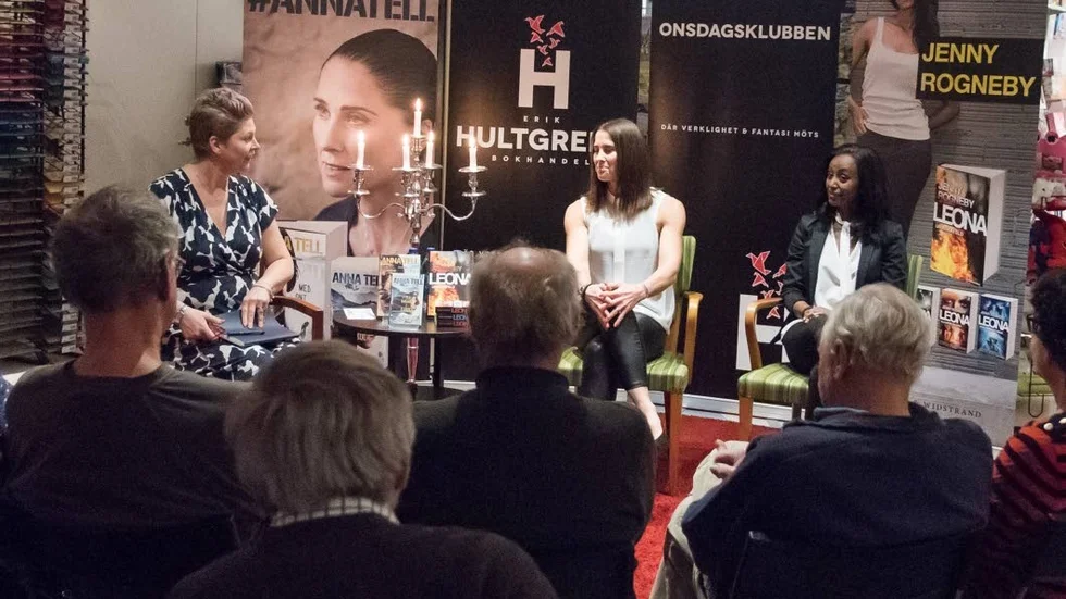 Malin Wall, Erik Hultgrens bokhandel, i samtal med författarna Anna Tell och Jenny Rogneby.