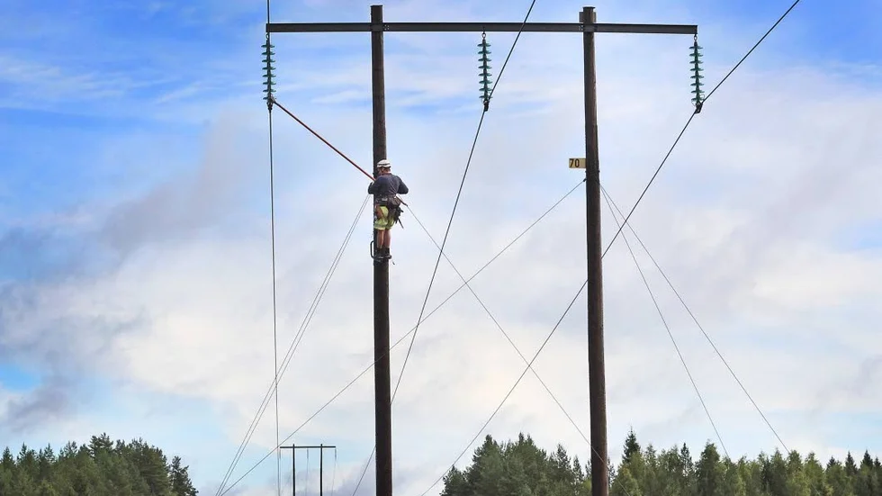 Stilstudie. Med två stolpar och tre trådar i jämna intervaller längs sträckan Kisa-Vimmerby ska den nya 130-kilovoltsledningen trygga elförsörjningen.