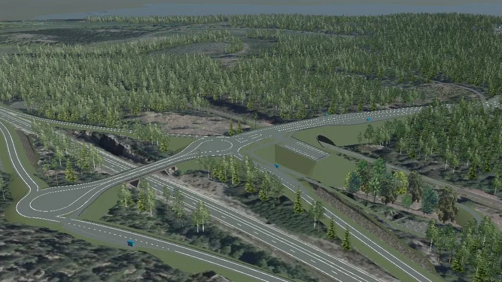 Södra infarten. Såhär tänker sig konsultfirman att trafikplatsen vid E22 skulle se ut, sedd från sydväst.