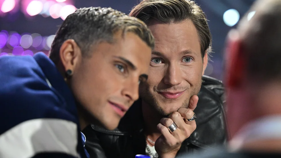 Samir Badran och Viktor Frisk under genrepet i Malmö Arena under Melodifestivalen 2024.