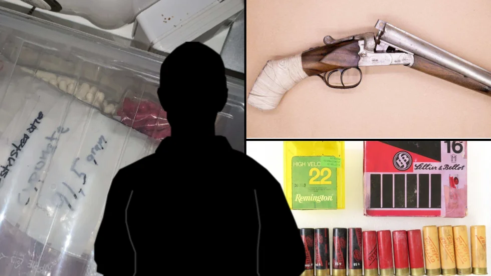 Polisens fynd i lägenheten. Vid husrannsakan hos Luleåbon hittades ett avsågat dubbelpipigt hagelgevär, 15 skarpa patroner och stora mängder dopningspreparat. 