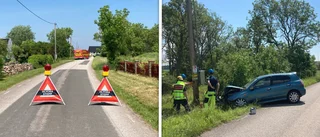 Bil krockade med elstolpe – föraren till sjukhus