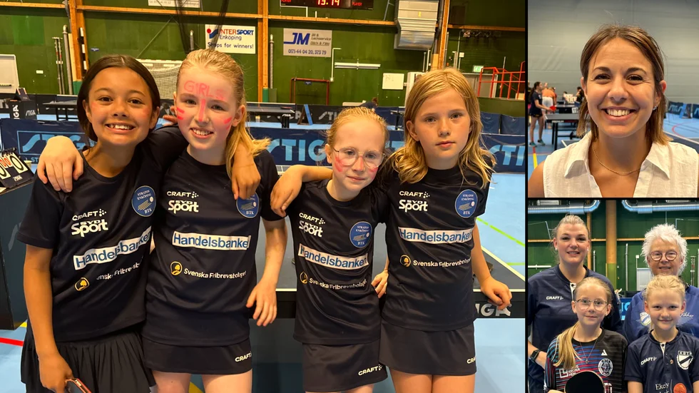 Tjejraketen Livia Grip, Selma Malmqvist, Celine Källström, Tyra Lissmyr (Stratos), Elisabeth Nilsson, Gunilla Jonsson, Tilde Feuk, Ellen Nilsson (Kågeröd, nedre bilden till höger), Maria Christoforaki förbundskapten och utbildningsstrateg på Svenska bordtennisförbundet.