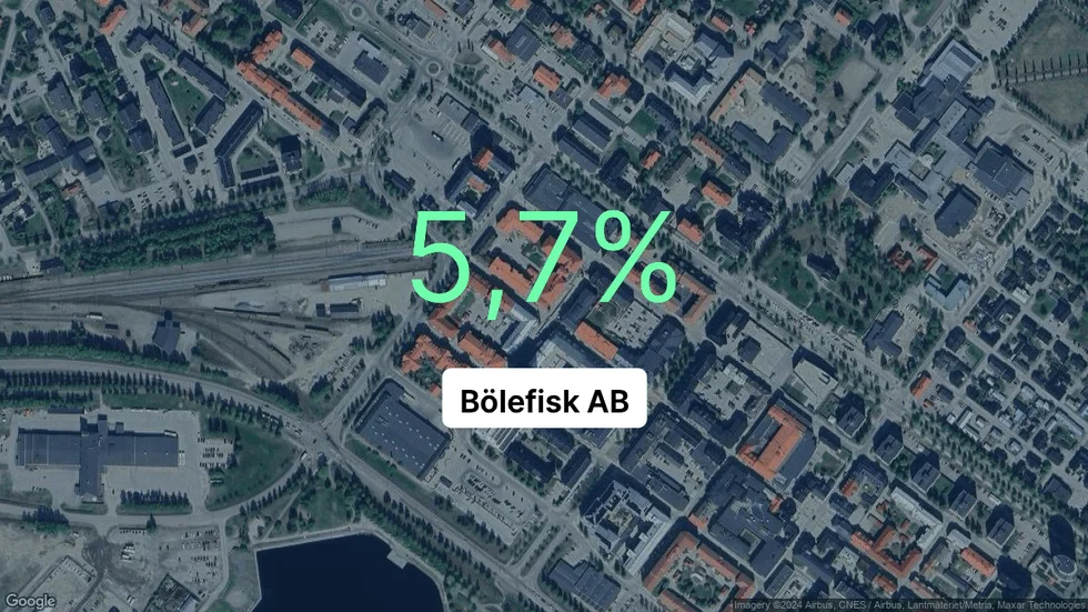 Illustrationen visar rörelsemarginalen för Bölefisk för det senaste året. Bakgrunden är en satellitbild över företagets adress.