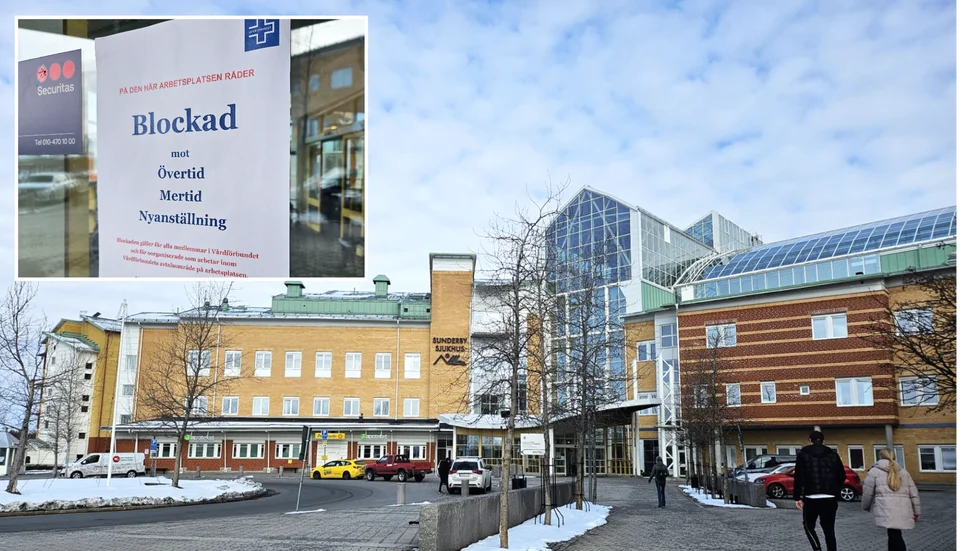 På Sunderby sjukhus sitter nu lappar uppklistrade på entrédörrarna som informerar patienter om den pågående blockaden.