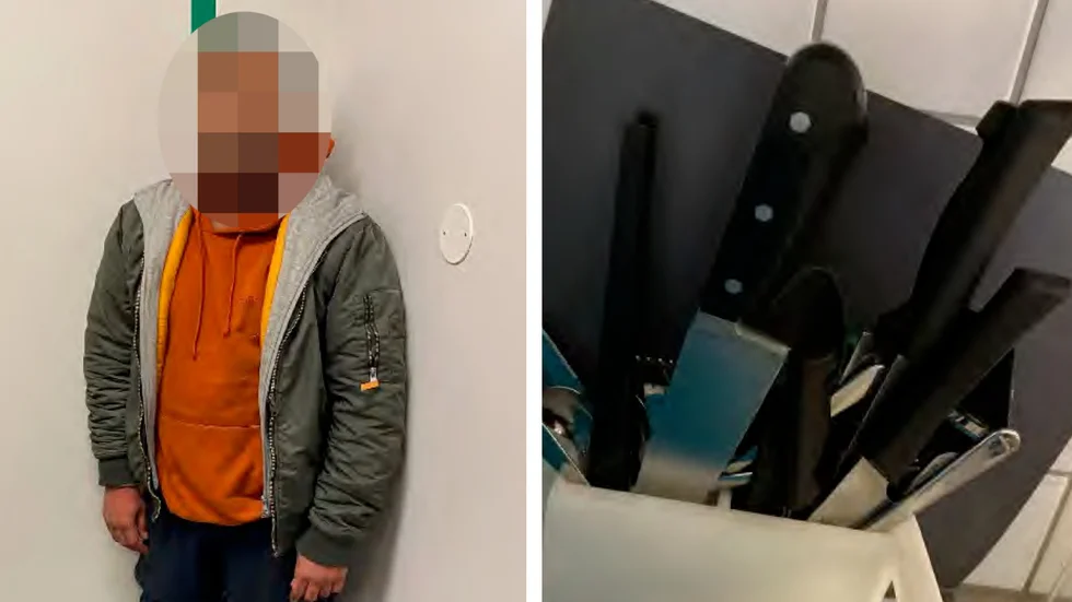 Den 31-årige mannen förnekade att han jagade en man med kniv. I 31-åringens bostad hittade polisen flera köksknivar. (Bilderna är hämtade ur förundersökningen.) 