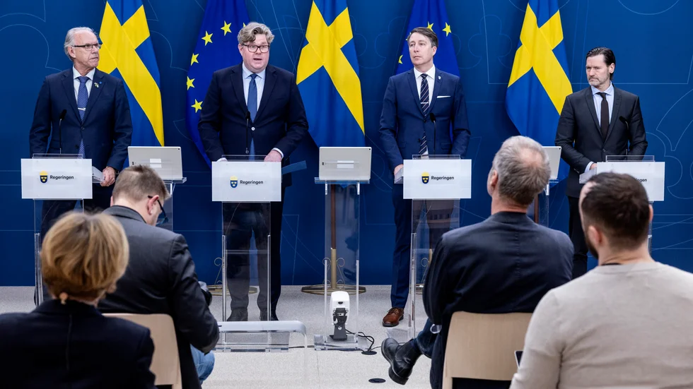 Justitieminister Gunnar Strömmer (M) presenterade förslaget till lagen om säkerhetszoner tillsammans med Richard Jomshof (SD), Torsten Elofsson (KD) och Martin Melin (L) på en presskonferens tidigare i år. 