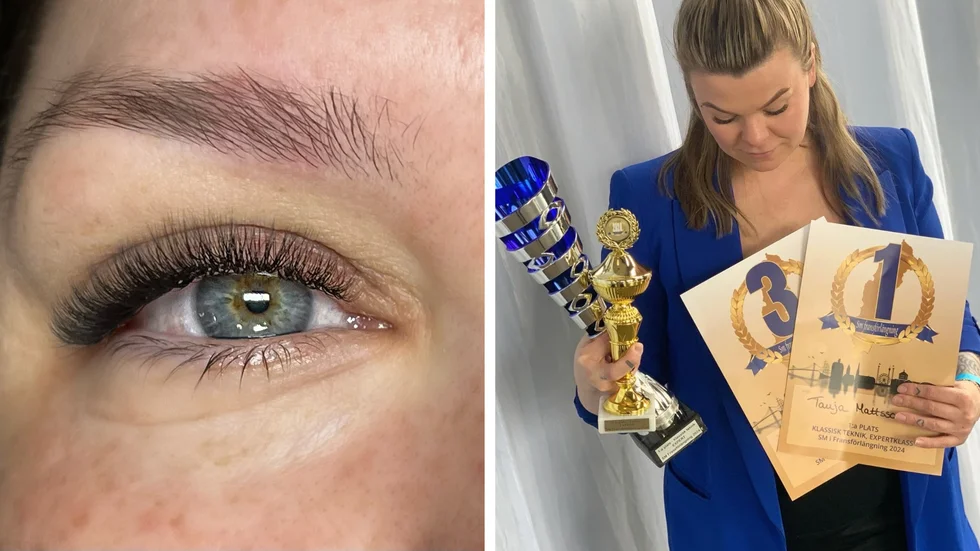 Till vänster är resultatet på modellen som gav Tanya Mattsson fjärdeplats i volymfransförlängning i expertklassen. Till höger står Tanya Mattsson med sina priser från helgens SM.
