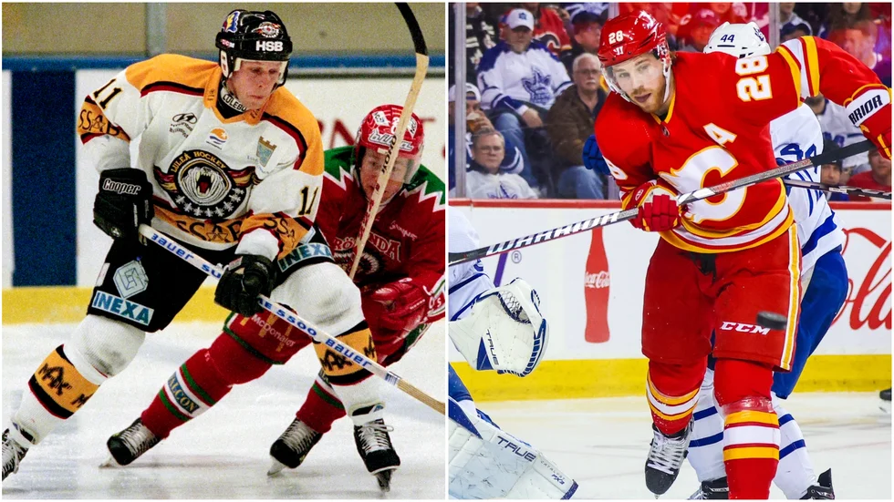 Mikael Lindholm, till vänster, vann SM-guld med Luleå Hockey 1996. Sonen Elias Lindholm, som föddes i Boden, byttes i natt från Calgary Flames till Vancouver Canucks. 