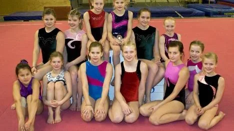 Gruppbild på Älvsbygymnasterna som tävlade vid Minicupen och Maxicupen i Kiruna i helgen. Främre rad från vänster: Elin Lundström, Wilma Karlsson, Cajsa Granström, Elin Bergvall, Julia Häggström, Elise Pettersson, Kajsa Söderberg. Bakre rad på pallen: Josefin Lindgren, Adina Rumbutis, Jenny Knuts, Julia Rumbutis, Evelina Lundberg, Linnea Åberg.