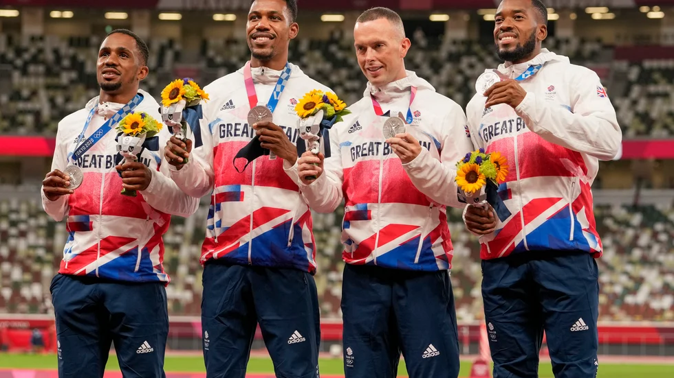 Chijindu Ujah, till vänster, tillsammans med resten av det brittiska OS-laget på 4x100 meter. Arkivbild.