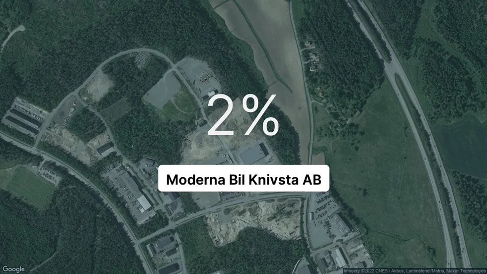 Illustrationen visar rörelsemarginalen för Moderna Bil Knivsta för det senaste året. Bakgrunden är en satellitbild över företagets adress.