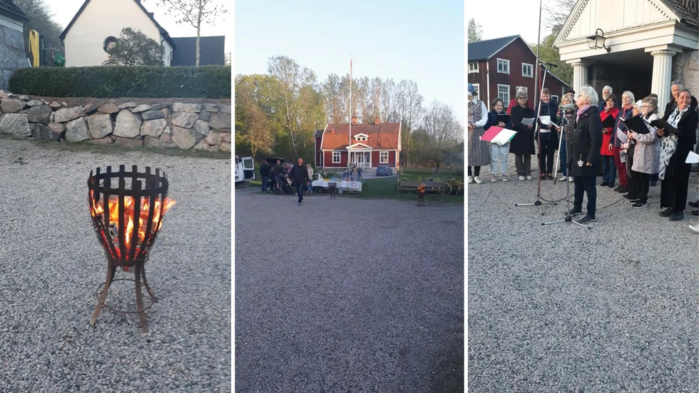 Redan innan pandemin slog till var Öja-Västermo hembygdsförening tvungen att avstå majbrasan – på grund av brandrisken. Nu blir det återigen eldkorgar, precis som 2019. "Det är så torrt nu att vi avstår från brasan.", säger Christina Andersson som är ordförande och syns vid mikrofonen till höger i bild.