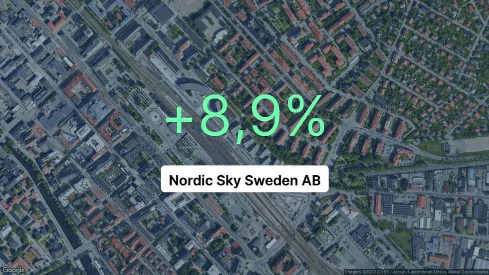Illustrationen visar rörelsemarginalen för Nordic Sky Sweden för det senaste året. Bakgrunden är en satellitbild över företagets adress.