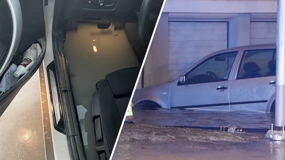 Pontus bil, t v, är fylld med vatten sedan garaget svämmat över. På bilden till höger syns hur högt vattnet nådde under natten på ett annat fordon som stod vid garaget där Pontus har sin bil.  