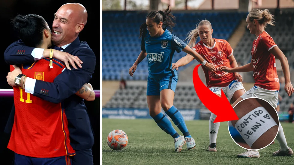 Spanske fotbollsordföranden Luis Rubiales kysste Jennifer Hermoso på munnen efter VM-finalen. Under söndagens hemmamöte med Trelleborg visade Eskilstuna United-spelarna sitt stöd för den spanska landslagsstjärnan.