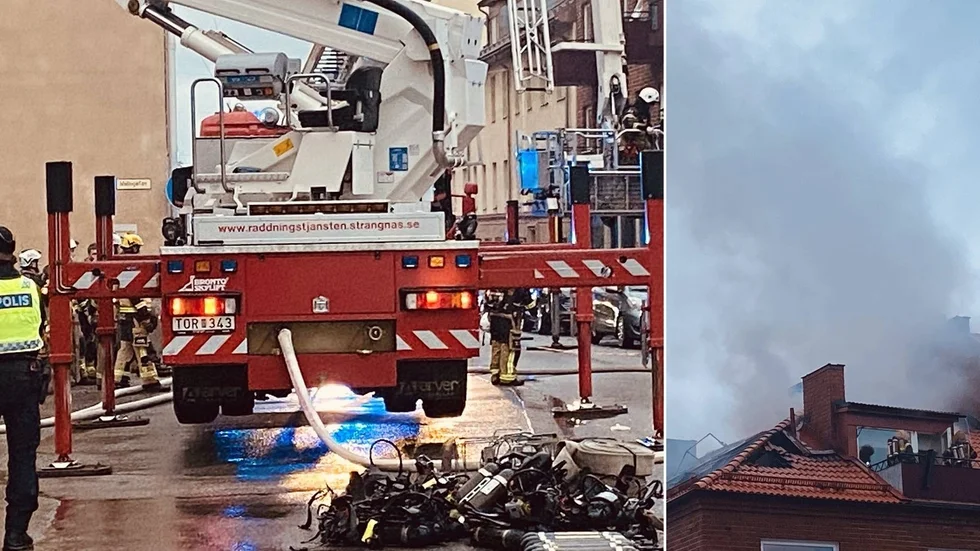 Räddningstjänsten är på plats för släckningsarbete.