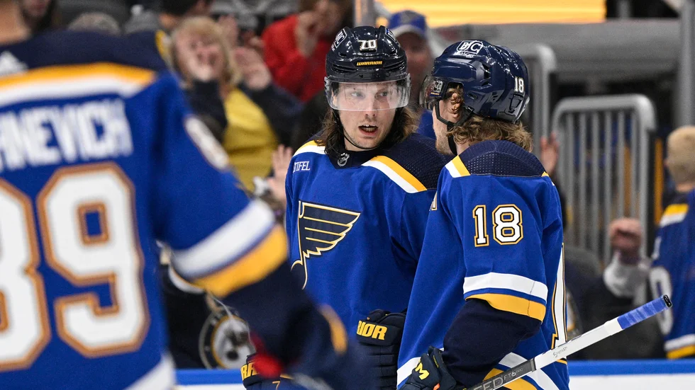 Oskar Sundqvist har nu gjort sitt första mål för St. Louis Blues sedan återkomsten i somras.