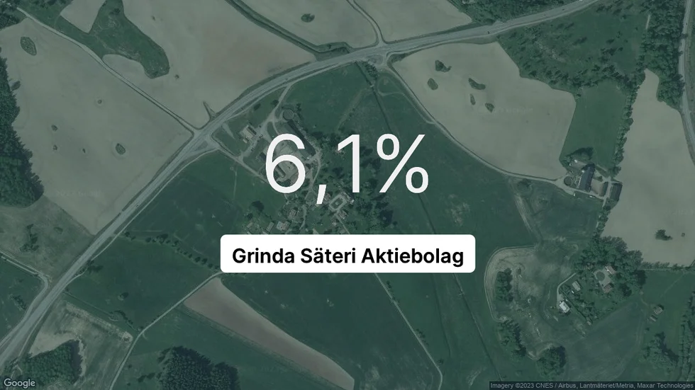 Illustrationen visar rörelsemarginalen för Grinda Säteri för det senaste året. Bakgrunden är en satellitbild över företagets adress.