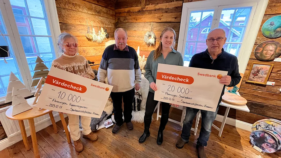 Tommy Rälg och Anna Erlandsson delade ut pengacheckar till Lena Ewenson från Föreningen Kopparslagaren och Jan Blixt från Föreningen Smalspåret.