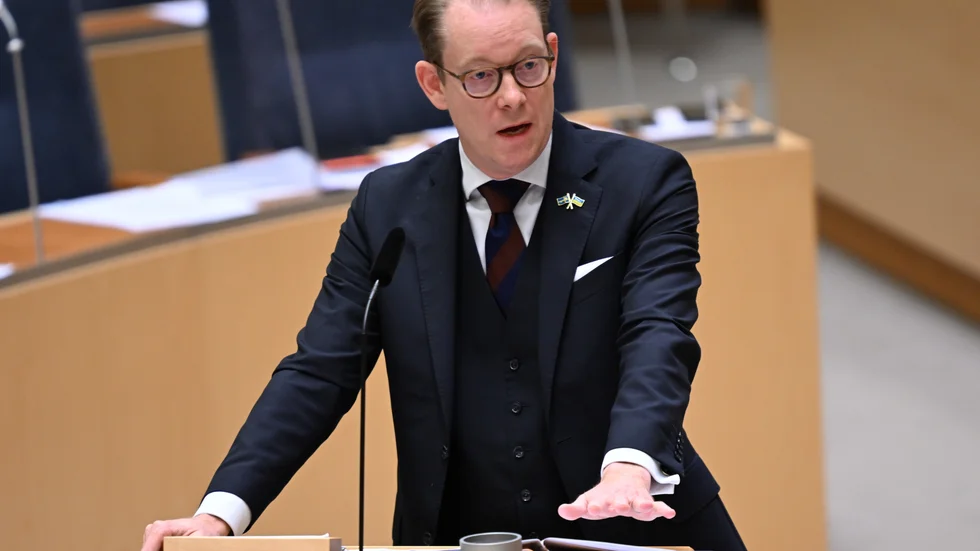 Sveriges utrikesminister Tobias Billström (M) under fredagens särskilda riksdagsdebatt om Mellanösternkonflikten.