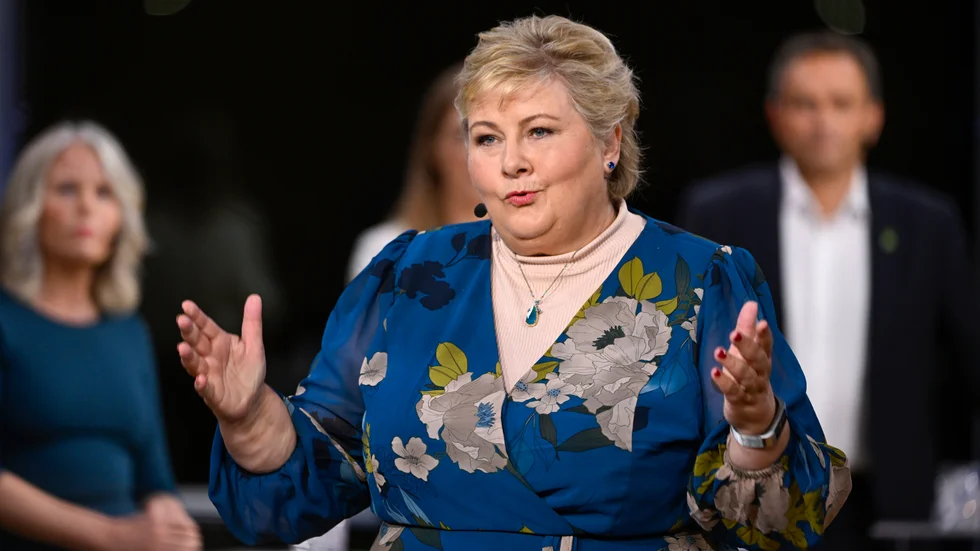 Höyres partiledare Erna Solberg under fredagens partiledardebatt.
