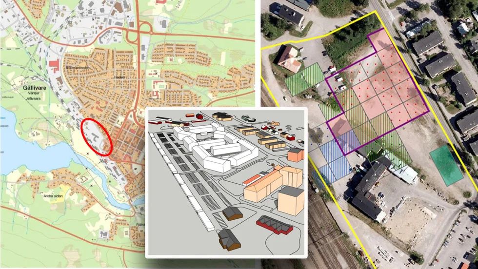 Området som ska bebyggas och delvis behöver saneras ligger norr om tågstationen i Gällivare. De röda rutorna på skissen till höger visar var oljedepåer funnits och orsakat föroreningar 3-4 meter ner i marken. 