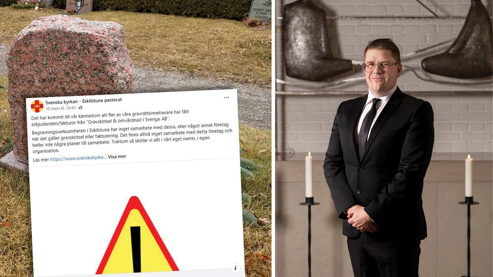 Daniel Sandberg är chef för begravningsverksamheten i Eskilstuna. De senaste veckorna har han uppmärksammats på att gravrättsinnehavare i Eskilstuna fått fakturor skickade till sig som de trott kommit från kyrkogårdsförvaltningen. Nu har kyrkan gått ut med en varning.