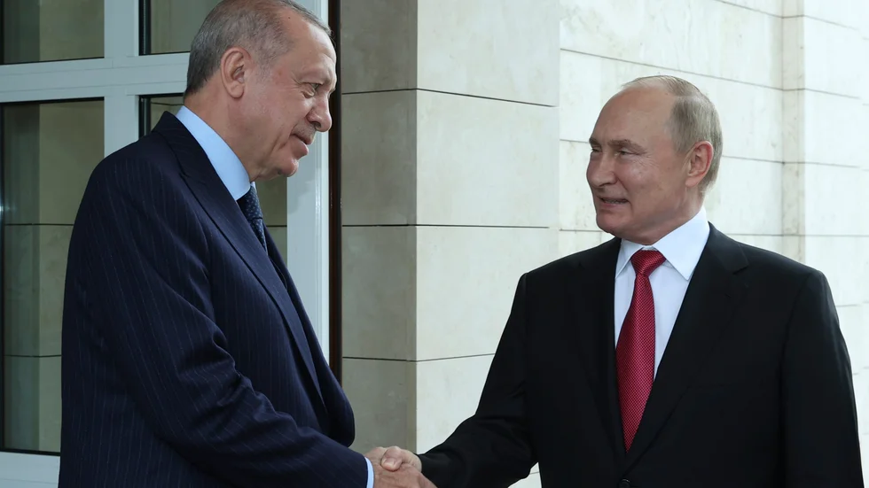 Turkiets president Recep Tayyip Erdogan i ett tidigare möte med Rysslands president Vladimir Putin i september 2021.