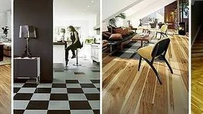 Från vänster: 1. 3-stavsgolv et Ek Moss från Kährs, naturoljat och pigmenterat mörkbrunt. 2. Svanenmärkt linoleumgolv i 60-talsmönster Marmoleum click/Forbo. 3. Enstavsgolvet Ask Gotland/Kährs, med kontrast mellan vit ytved och mörk kärnved. 4. Slitstark och populär parkett i ek.