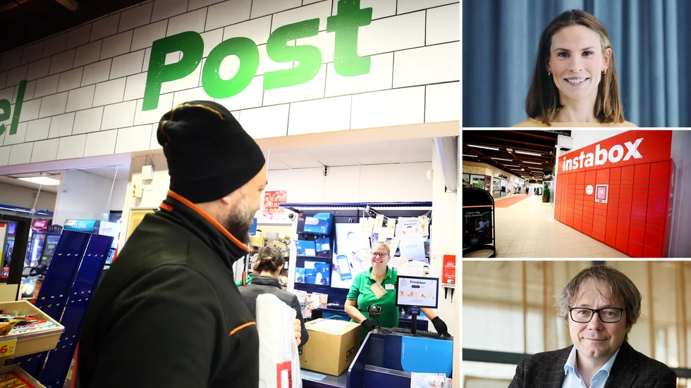 "Jag tycker bara att de är roligt och kunderna är duktiga på att hämta ut paketen", säger Jeanette Åbom, säljare och postansvarig på Coop Sveaplan. På bilden syns kunden Esa Erkkilä. Övriga bilder Ann Sonne, kommunikationschef, Budbee, och Mathias Olsson, talesperson på Postnord.