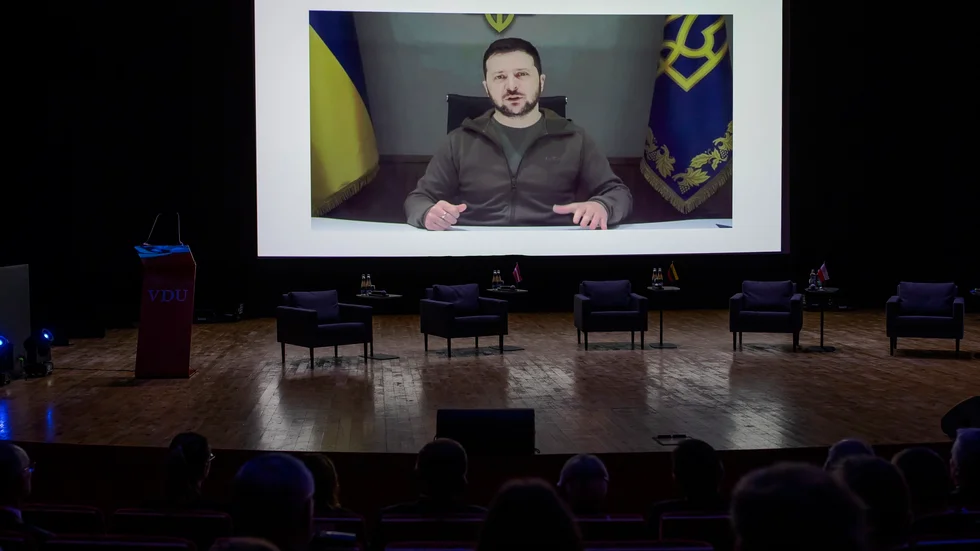 Ukrainas president Volodymyr Zelenskyj presenterar Ukrainas kandidatur för världsutställningen 2030: Odessa. Arkivbild.