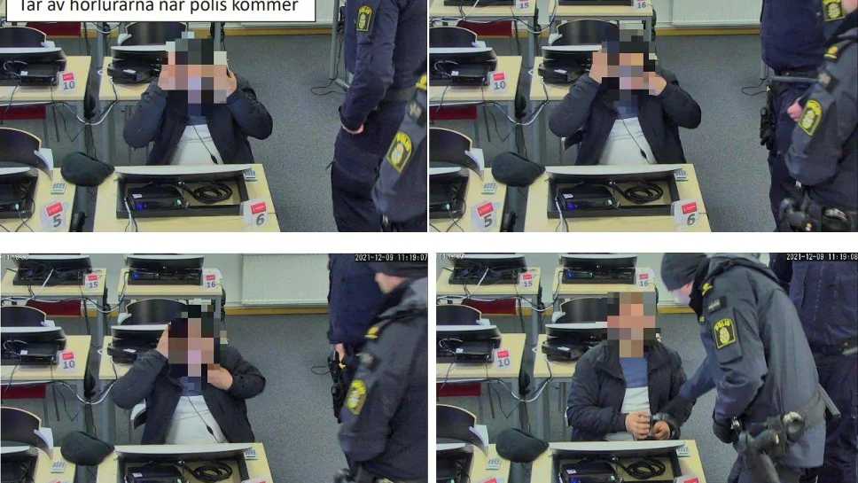 På övervakningsbilder ses Skelleftebon gömma en hörlur i handen för att senare ”tappa” den ned på golvet.