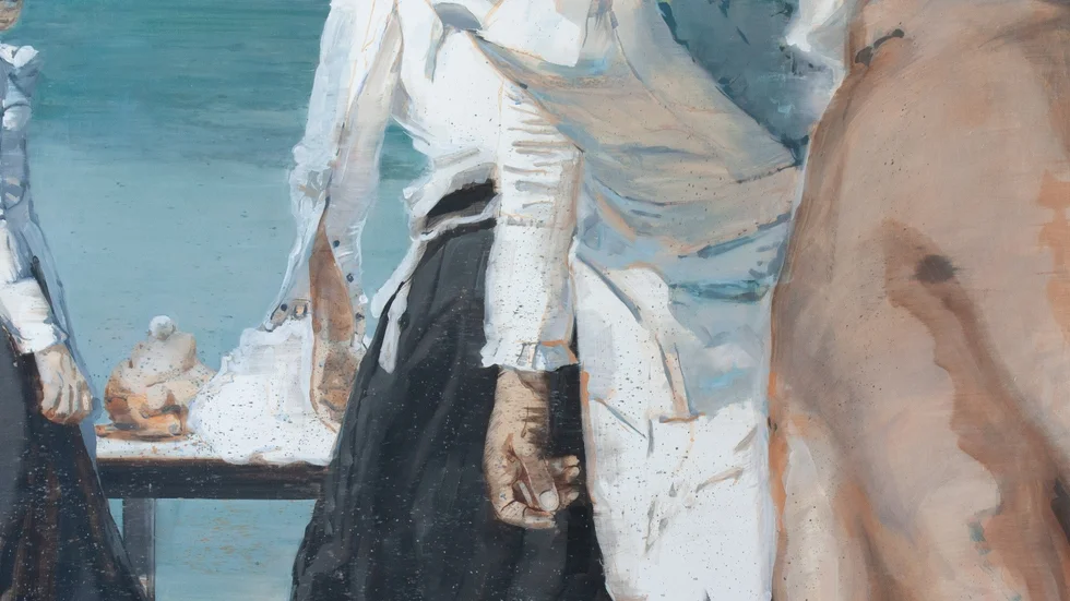 Camilla Akrakas målning "Assistenter vid havet" (2021) finns nu att se på Norrköpings konstmuseum. 