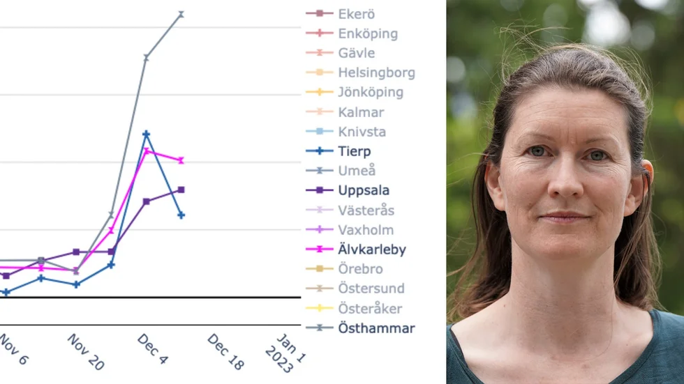 Maja Malmberg, forskare och docent vid SLU, har mätt nivåerna av covidviruset i avloppsvatten. Just nu toppar Östhammar. Här ställd i relation till kommunerna Tierp, Uppsala och Älvkarleby.
